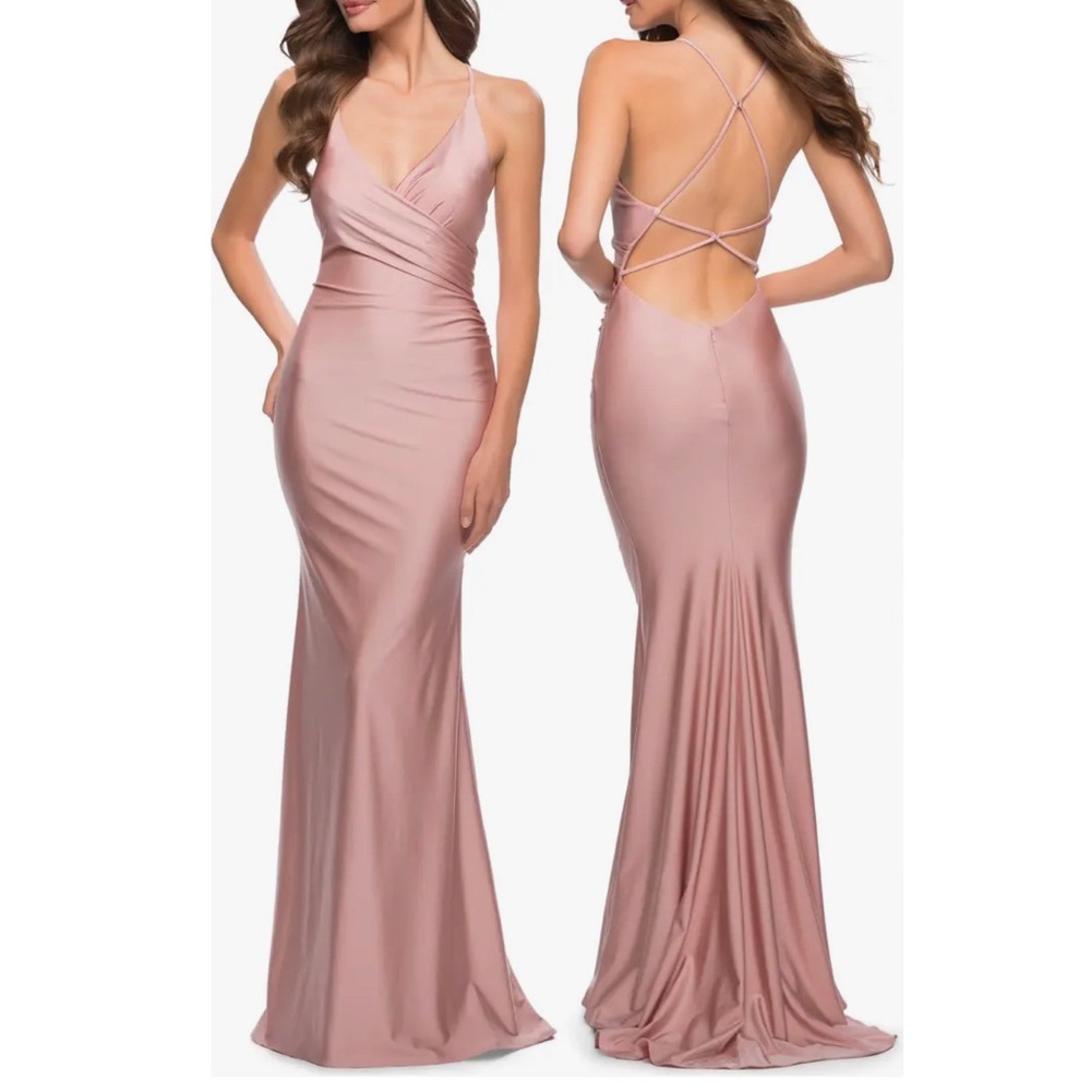 La Femme Wrap Front Strappy Back Jersey Gown - Size 6